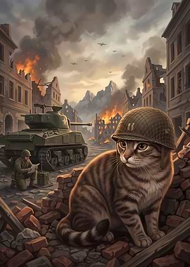 Cat in Military Helmet Amidst War Scene