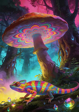 Psychedelic Chameleon and Mushroom