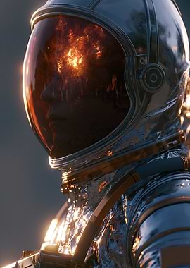 Astronaut with Fiery Reflection