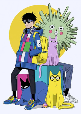 Anime character with cats and creature