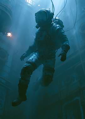Astronaut submerged in dark water