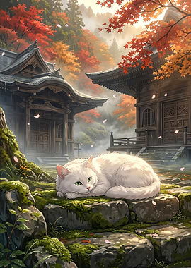 White Cat Resting at Autumn Oriental Japanese Temple