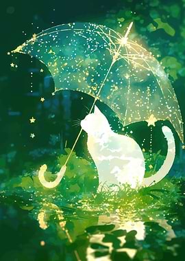 Cat Under a Starry Umbrella