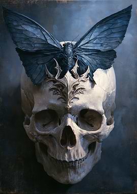 Skull with Butterfly and Ornate Crown