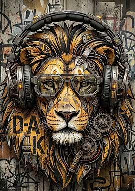 Cyberpunk Lion with Headphones and Glasses