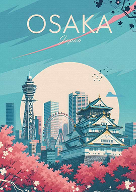 Osaka Cityscape with Cherry Blossoms