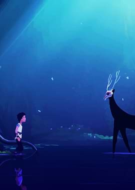Boy and Deer Spirit in Blue Forest