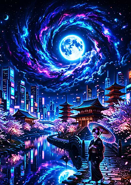 Cyberpunk Geisha Under a Cosmic Moon