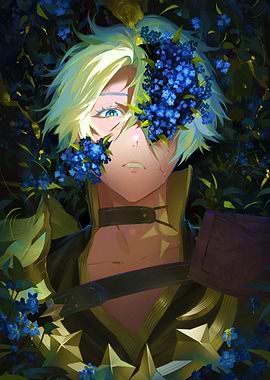 character with blue flowers