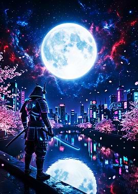 Cyberpunk Samurai Under a Full Moon