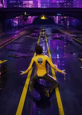Man in Yellow Jacket on Wet City Street