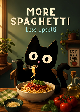 Cute Cat Eating Spaghetti