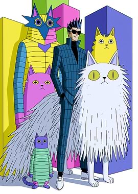 Man with Cats and Abstract Figures
