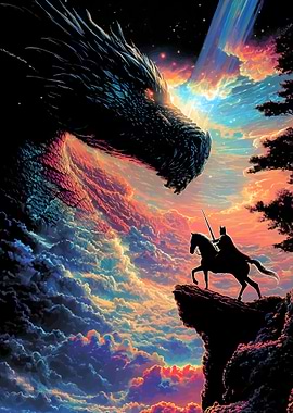 Knight faces dragon in cosmic sky