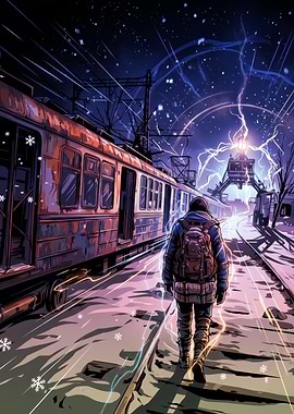 Man walks towards electric train in snowy night
