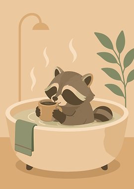 Raccoon Enjoying a Bath with Coffee