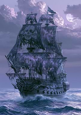 Ghost Pirate Ship in Moonlight