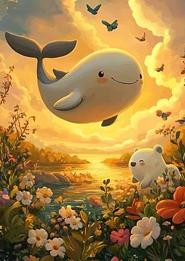 Whale and Bear in a Dreamy Landscape