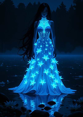 Enchanting Woman in Glowing Floral Dress