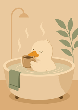 Cute Duck Enjoying a Bath with Coffee