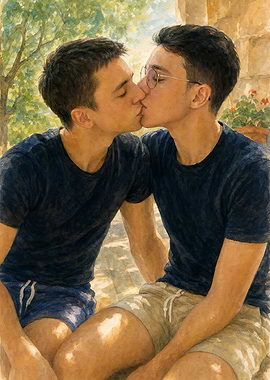 Two men kissing outdoors