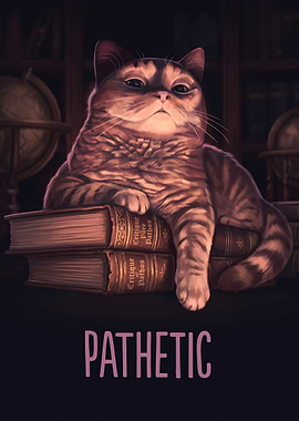 Cat Sitting on Books with 'Pathetic' Text