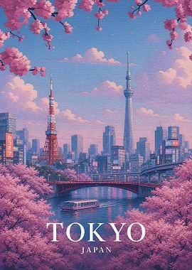 Tokyo Skyline with Cherry Blossoms