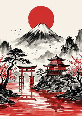 Japanese Landscape with Mount Fuji