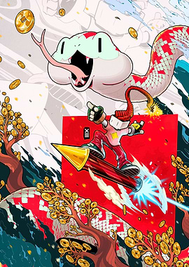 Character riding a rocket with a snake