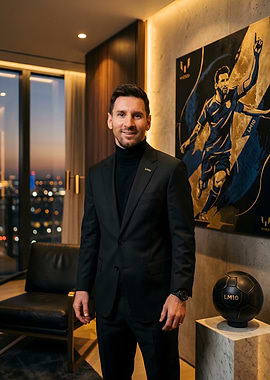Lionel Messi in a suit with artwork