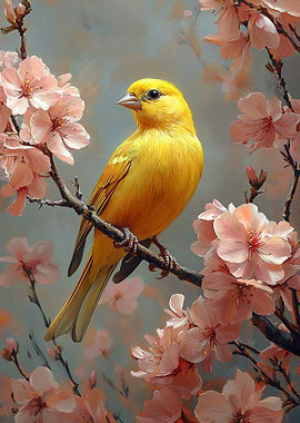 Yellow Bird on Cherry Blossom Branch