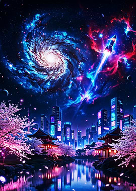 Futuristic Cityscape with Galaxy and Cherry Blossoms
