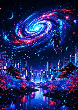 Astronaut in a Neon Galaxy Cityscape