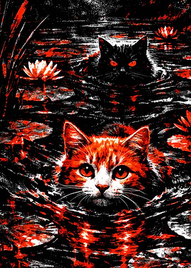 Two Cats in Water with Water Lilies