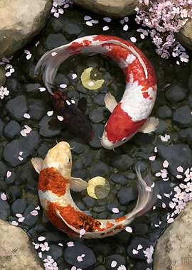 Koi Fish in Cherry Blossom Pond