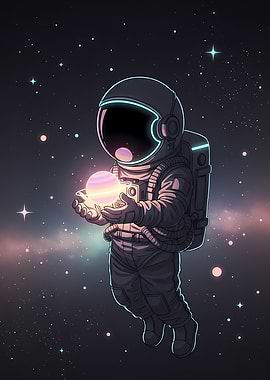 Dreamy Astronaut Holding a Glowing Cosmic Planet in Space , Anime