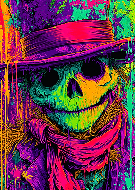 Neon Skull Scarecrow Paint Splatter