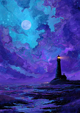 Mystical Lighthouse Under a Cosmic Moon