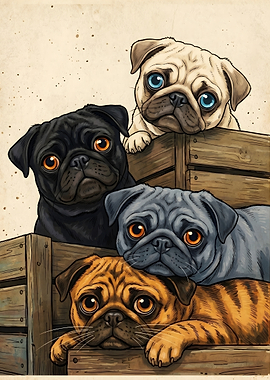 Four Pugs in Wooden Crates