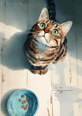Tabby Cat Looking Up at Food Bowl