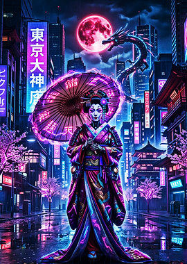 Cyberpunk Geisha Under Neon Moon