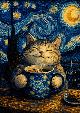 Cat Enjoying Coffee in Starry Night