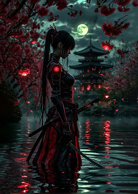 Cyberpunk Samurai in Cherry Blossom Garden