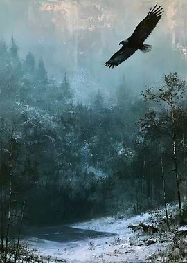 Eagle Soaring Over Snowy Forest