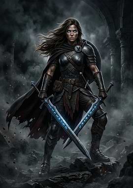 Warrior Woman with Glowing Swords