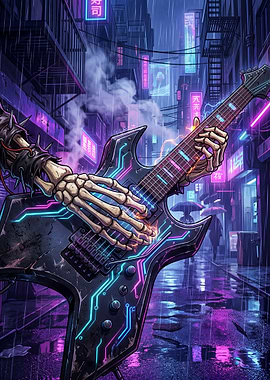 Skeleton Playing Guitar in Neon City