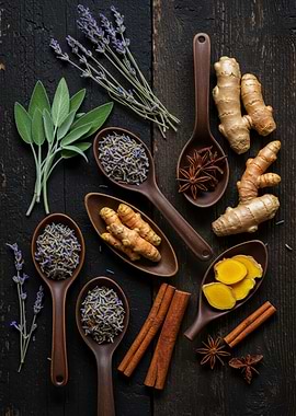 Herbs and Spices on Dark Wood