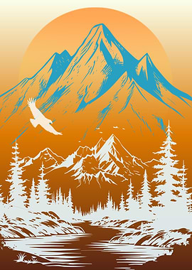 Eagle soaring over mountains at sunset