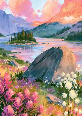 Vibrant Mountain Lake Landscape Painting