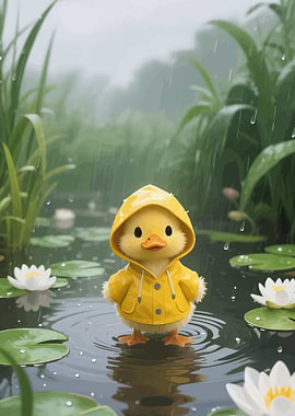 Cute Duckling in Yellow Raincoat in the Rain